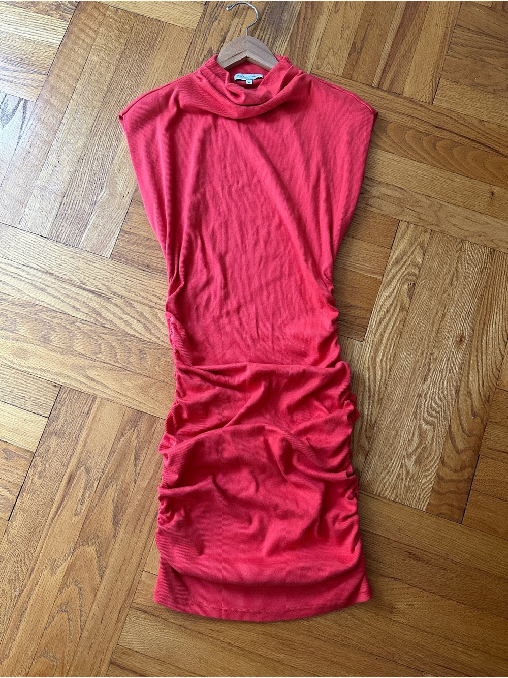 Michael Stars Coral Mock-Neck Ruched Mini Dress